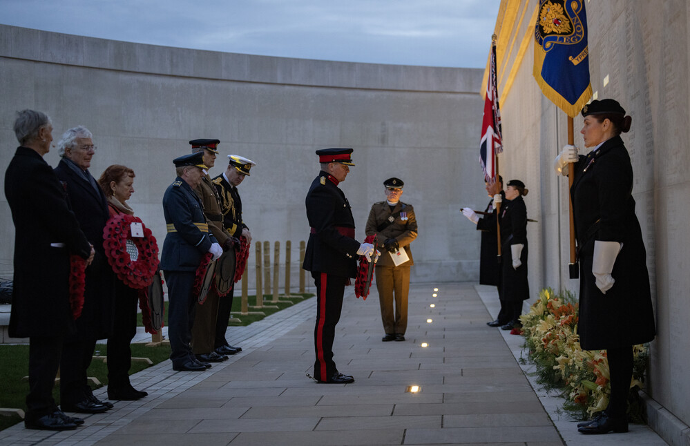 Lynda Atkins, RBL National Chair with Sir John Major KG CH and General Sir Michael Rose KCB CBE DSO QGM at the Royal British Legion’s ‘Remembering Operations in Bosnia’ at the National Memorial Arboretum - 14 December 2025